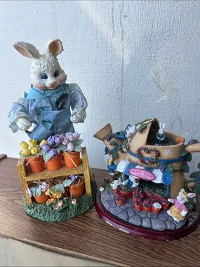 Handcrafted Bunny Gardener Figurine with Blue Outfit and